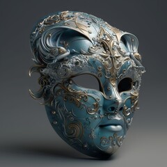 A blue Venetian carnival mask with intricate silver (white) patterned designs. Generative ai