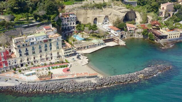 Aerial view of Marechiaro beach. It is located in the Posillipo district in Naples, Italy. It is a small artificial gulf of the Tyrrhenian Sea.