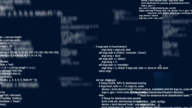 Looped 4K animation of the appearing code that moves toward the camera on a blue background and square particles. Apple ProRes  encoding.