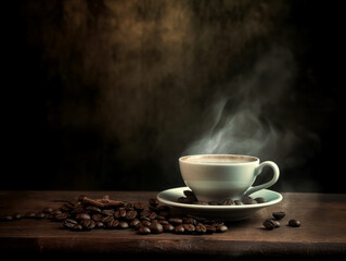 A steaming cup of coffee alongside coffee beans, in the style of rustic scenes and still life. Generative AI.