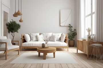 White and wooden living room with sofa. Generative AI