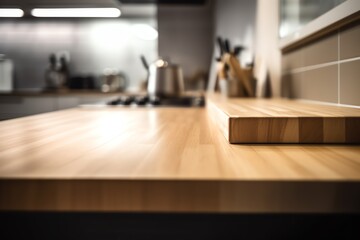 Top view of empty kitchen counter with blurred background. Generative AI