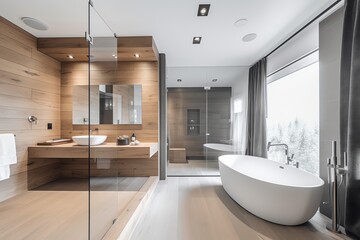 Fototapeta na wymiar White and wooden bathroom with tub and shower. Generative AI
