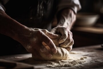 Obraz na płótnie Canvas Baker kneading dough, close-up shot. Generative ai
