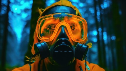 a neon gas mask women in a forest, face closeup, abstract wire world virtual reality glowing neon light reflection on water geometric shapes terrain, heavy neon glow with orange neon, blue neon, aqua 