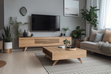 TV on cabinet in contemporary living room. Generative AI