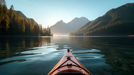A kayak drifting on a calm lake surrounded by mountains. Generative AI