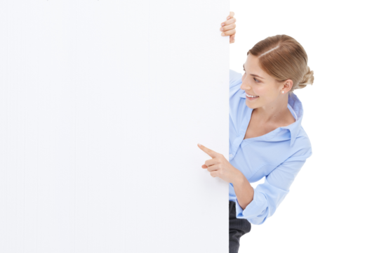 News, announcement and a woman with mockup sign, blank signage and isolated on a transparent png background. Advertising, marketing and a happy executive woman with a poster board and pointing smile