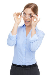 Portrait, glasses and PNG with an excited woman isolated on a transparent background for vision. Eyewear, eyesight and optometry with an attractive young female posing in prescription frame lenses
