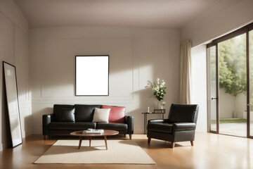 White living room design with mockup frame. Modern minimalistic interior background, 3d render with copy space. Interior design with white black sofa