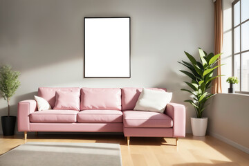 White living room design with mockup frame. Modern minimalistic interior background, 3d render with copy space. Interior design with pink leather sofa