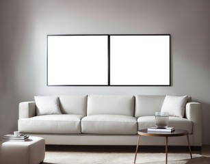 White living room design with mockup frame. Modern minimalistic interior background, 3d render with copy space. Interior design with white leather sofa