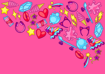 Fototapeta na wymiar Background with fashion girlish items. Colorful teenage illustration. Creative girls symbols in cartoon style.