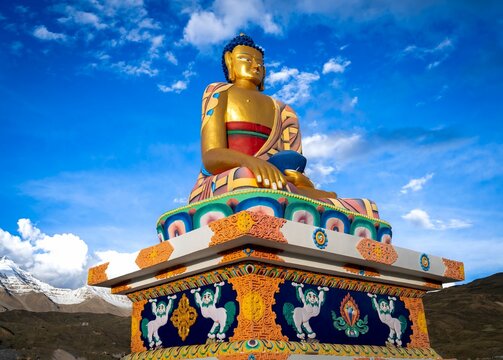Impressive and awe-inspiring sculpture of Hikkim Buddha standing tall in the Spiti Valley of India
