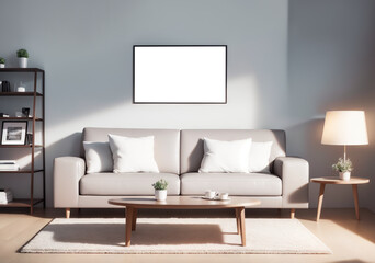White living room design with mockup frame. Modern minimalistic interior background, 3d render with copy space. Interior design with white leather sofa