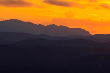 Minimal, atmospheric, landscape with a mountain, hill. 4K wallpaper at dusk, dawn