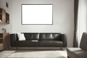 White living room design with mockup frame. Modern minimalistic interior background, 3d render with copy space. Interior design with white black sofa