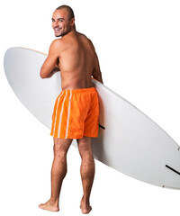 Surfer holding a surfboard isolated in white background
