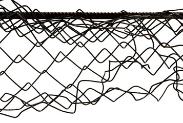 The texture of the metal mesh. Torn, destroyed, broken metal mesh on a white background