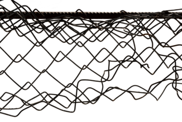 The texture of the metal mesh. Torn, destroyed, broken metal mesh on a white background