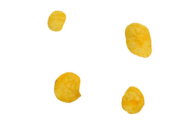 Fried chips on a white background. Crispy tasty snack.