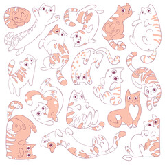 Seamless pattern with cats. Set of cute kitties in different poses. Funny cartoon character. Vector illustration. White background