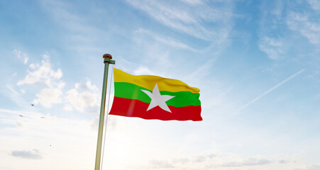 Burma flag. 3D realistic waving flag background. Flag of Myanmar burma flag waving in the wind, sky and sun background. 3d rendering.