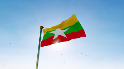 Burma flag. 3D realistic waving flag background. Flag of Myanmar burma flag waving in the wind, sky and sun background. 
