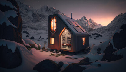 tiny house in winter mountain. generative ai.