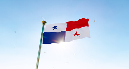 Panama flag. 3D realistic waving flag background. Flag of Panama flag waving in the wind, sky and sun background. 3d rendering.