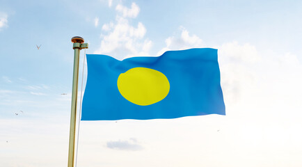 Flag of Palau waving in the wind, sky and sun background. Palau flag. 3D rendering realistic waving flag background. 