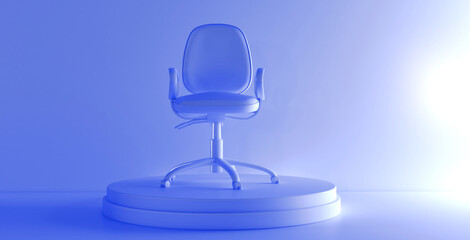 Blue office chair standing on blue color podium. Hiring new job vacancy concept. We are hiring. 3D Rendering. 