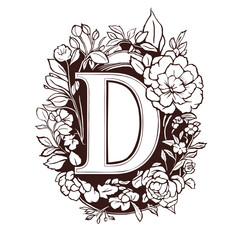 letter D Floral monogram. Vintage ornament initial Alphabet spiral style.