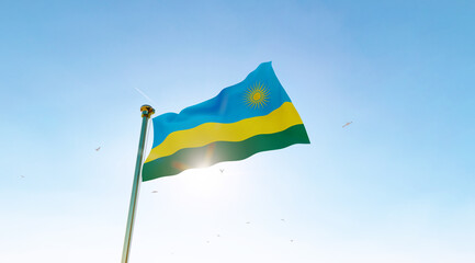 Rwanda flag. 3D realistic waving flag background. Flag of Rwanda flag waving in the wind, sky and sun background. 