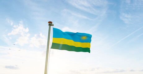 Rwanda flag. 3D realistic waving flag background. Flag of Rwanda flag waving in the wind, sky and sun background.