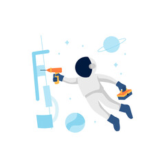 Astronaut or Cosmonaut repair satellite or spaceship with floating at space for under construction error page empty state illustration