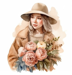 Girl in brown hat and beige coat with bouquet of peonies. Watercolor illustration created with Generative AI technology