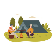 Fototapeta premium Flat design of man and woman camp outdoor. Illustration for website, landing page, mobile app, poster and banner. Trendy flat vector illustration