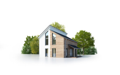 Pultdachhaus mit Holzfassade freigestellt - 594011558