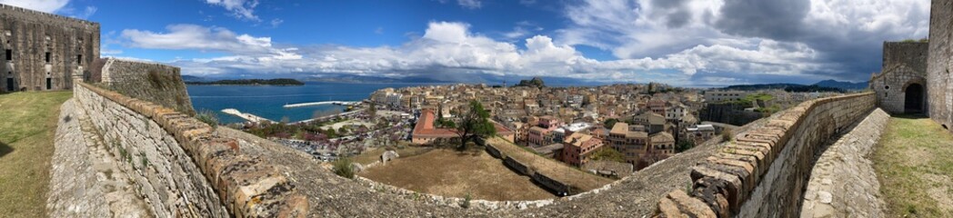 Fototapeta na wymiar Corfu town, Corfu island, Greece- Panoramaic view over the town in Spring, shot from the 15th century Fort.