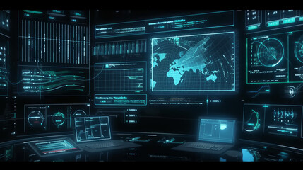 A dark room with a row of monitors and a large screen with the words space station on it. AI
