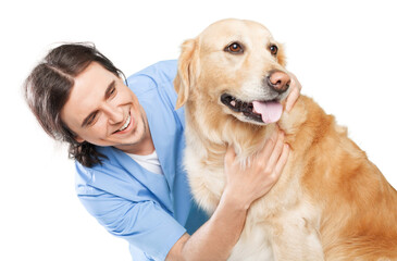 Male Veterinarian with dog on white background