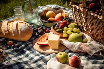 Obraz na płótnie Canvas Enjoy a sunny day out with this picture-perfect summer picnic scene featuring a checkered blanket, delicious sandwiches, and fresh fruit generative ai