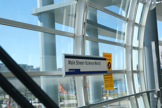 Main Street Science Word signboard name skytrain stop in vancouver city center canada british columbia 2023