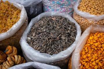 Sunflower seeds and nuts for sale on snack food market