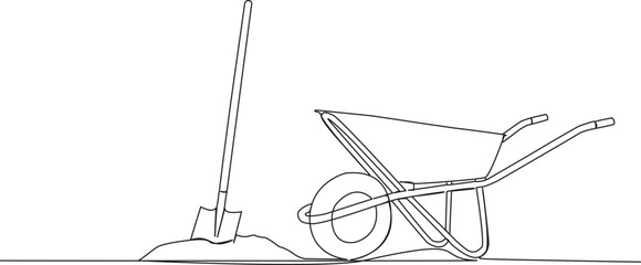 continuous single line drawing of shovel in pile of dirt and wheelbarrow, line art vector illustration © Christian Horz