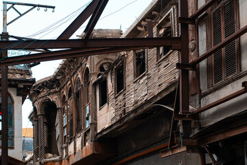 Historic wooden facade of a building ruin in old town of Damascus