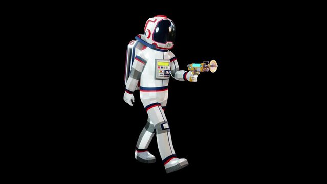 3D astronaut in spacesuit walking with blaster - looped animation with alpha channel