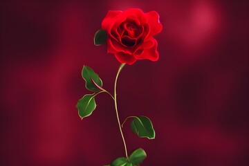 Fototapeta premium Red Rose infron of an red background with green leafs. 