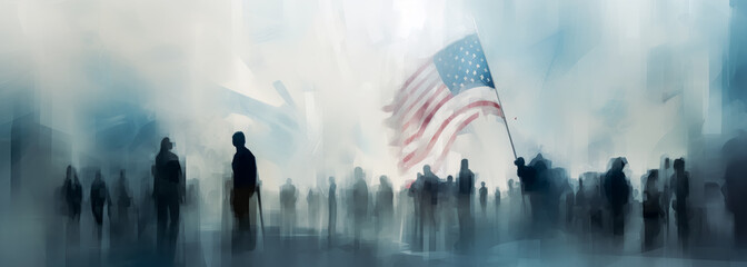 Patriotism, American flags in a blurred style with ghost-like figures. Generative Ai. 

